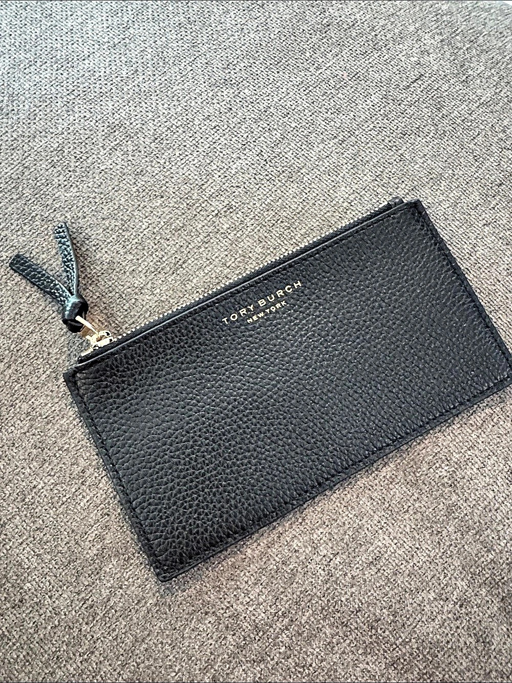 Tory Burch Robinson Pebbled Top-Zip Card Case Black